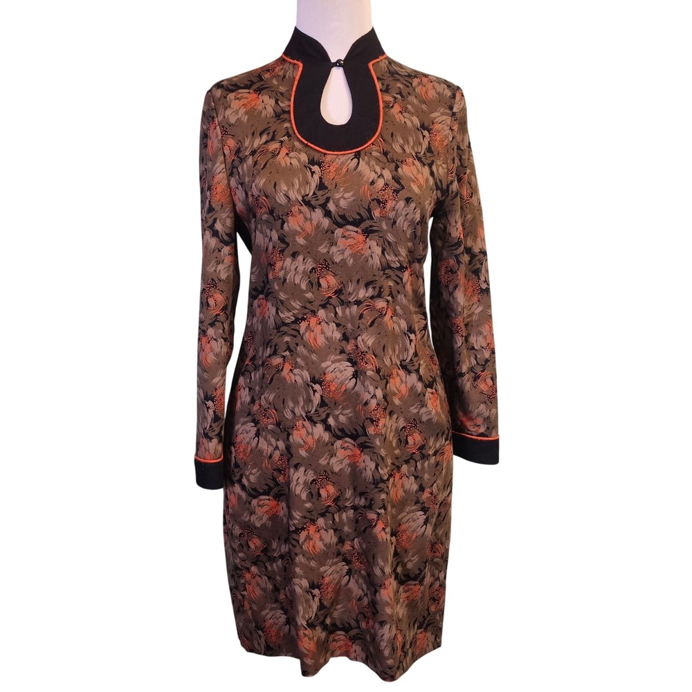 Vintage 60s Mod Floral Wiggle Dress Mandarin Keyhole Collar Long Sleeve Sheath M